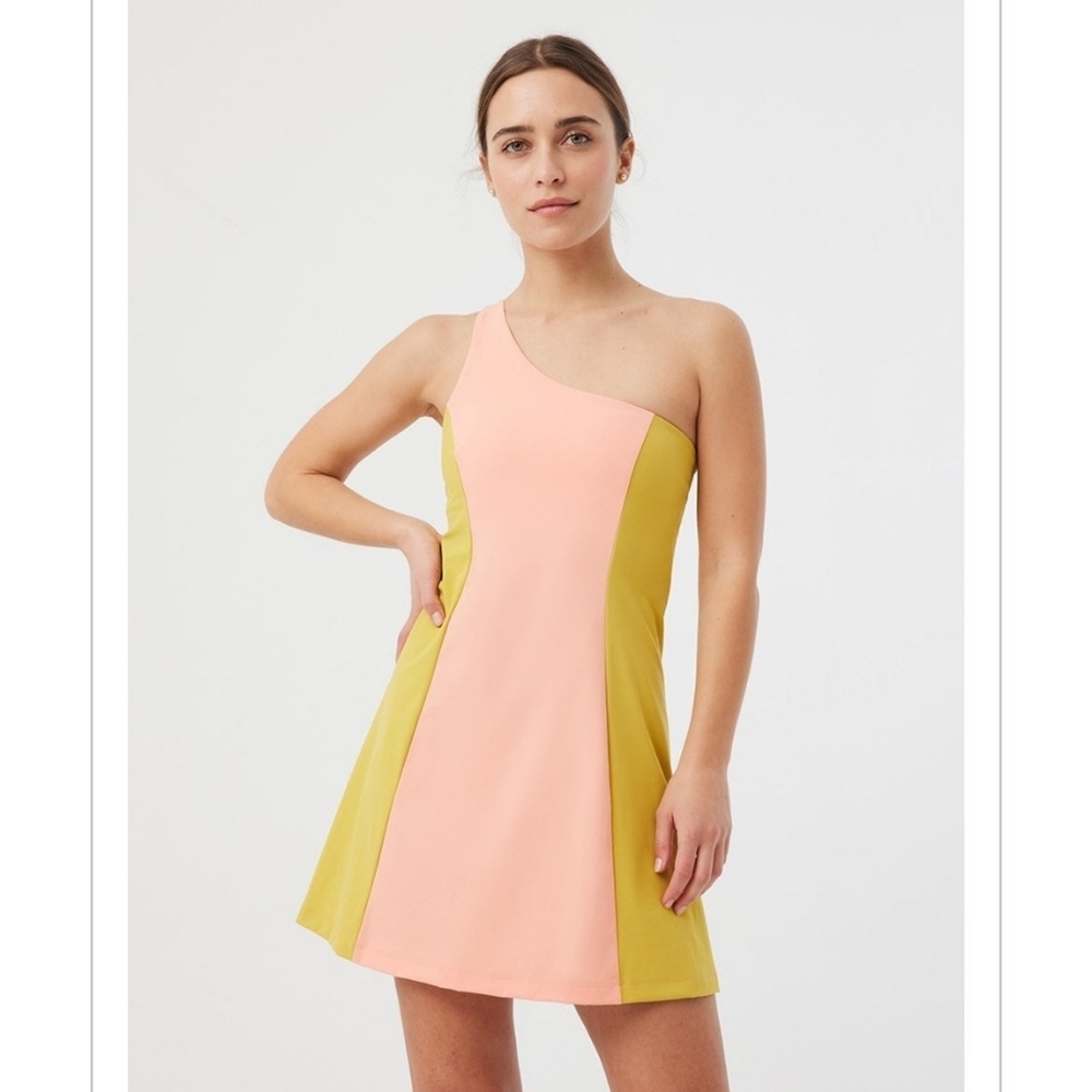 Outdoor Voices One-Shoulder Colorblock Dress in Pink and Yellow